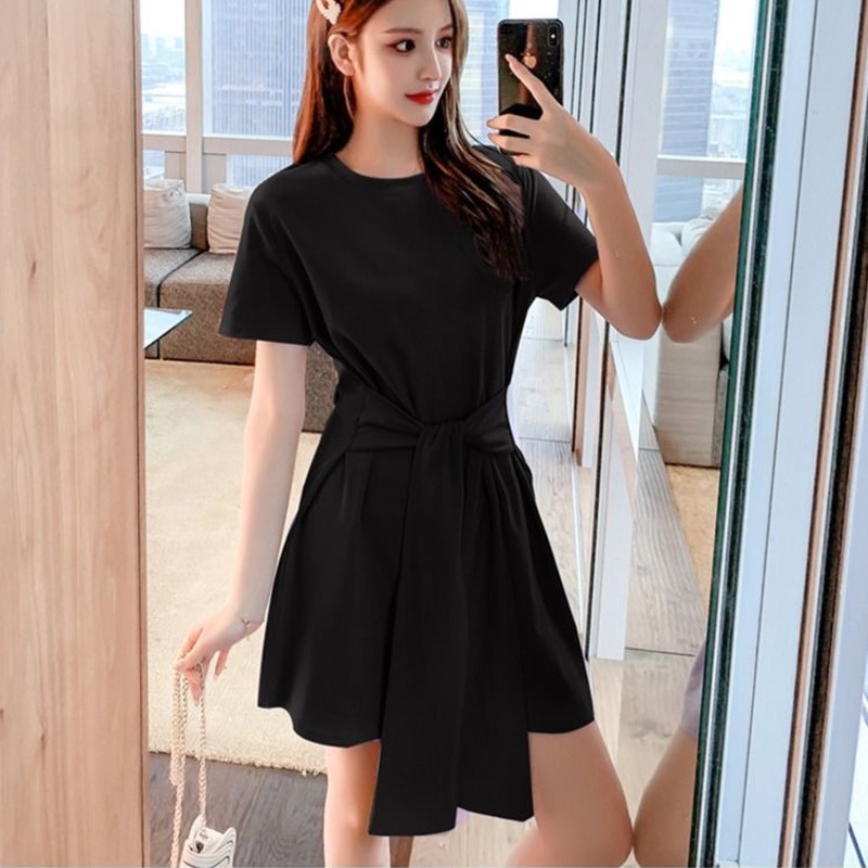 Đầm Thun Tay Ngắn Dáng Chữ a Cột Dây Eo Kiểu Dáng Đơn Giản Thời Trang Cho Nữ