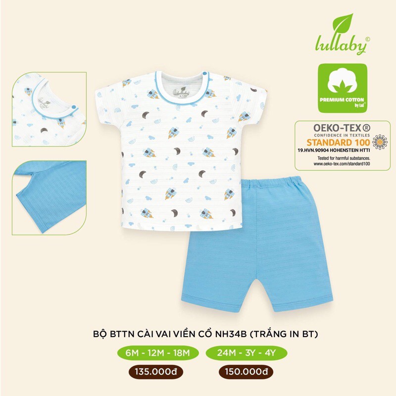 Bộ tay ngắn cài vai viền cổ bé trai/gái Lullaby (Sz 6m-4y)