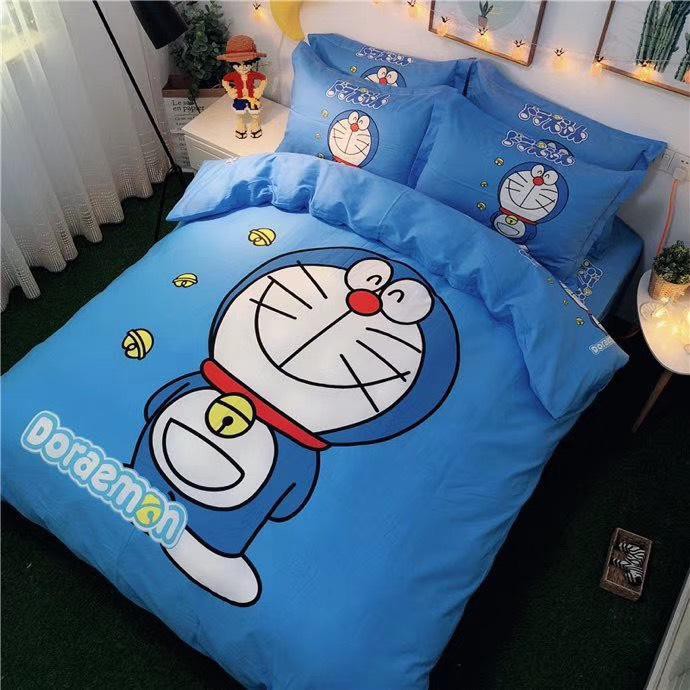 Bộ Chăn Ga Gối Coton Tina Cao Cấp Mẫu Doraemon Xanh Mềm Mịn Thoáng Mát Thấm Hút Tốt Cho Đệm 1m2 m4 m6 m8 2m 2m2
