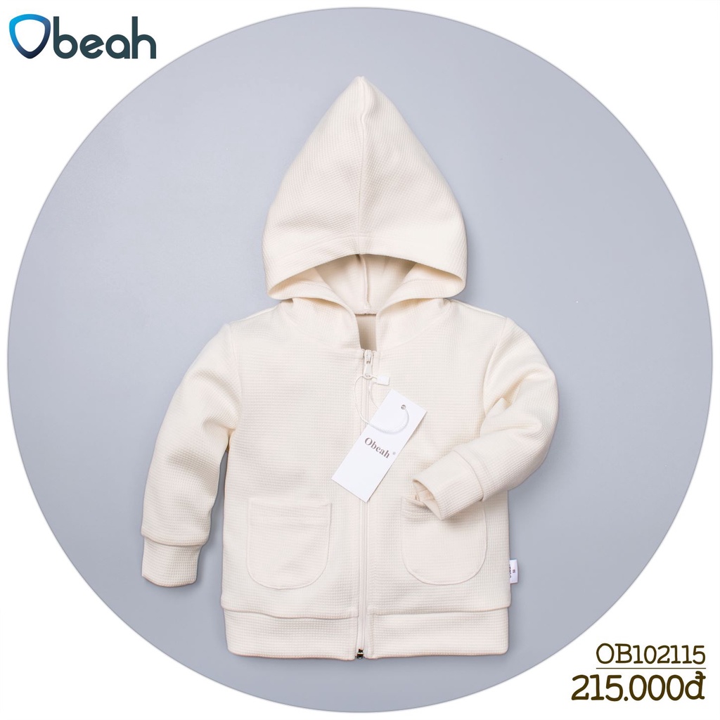 Obeah Áo khoác cotton tổ ong mũ liền màu Be Fullsize 59 đến 90 cho bé từ 0 đến 24 tháng