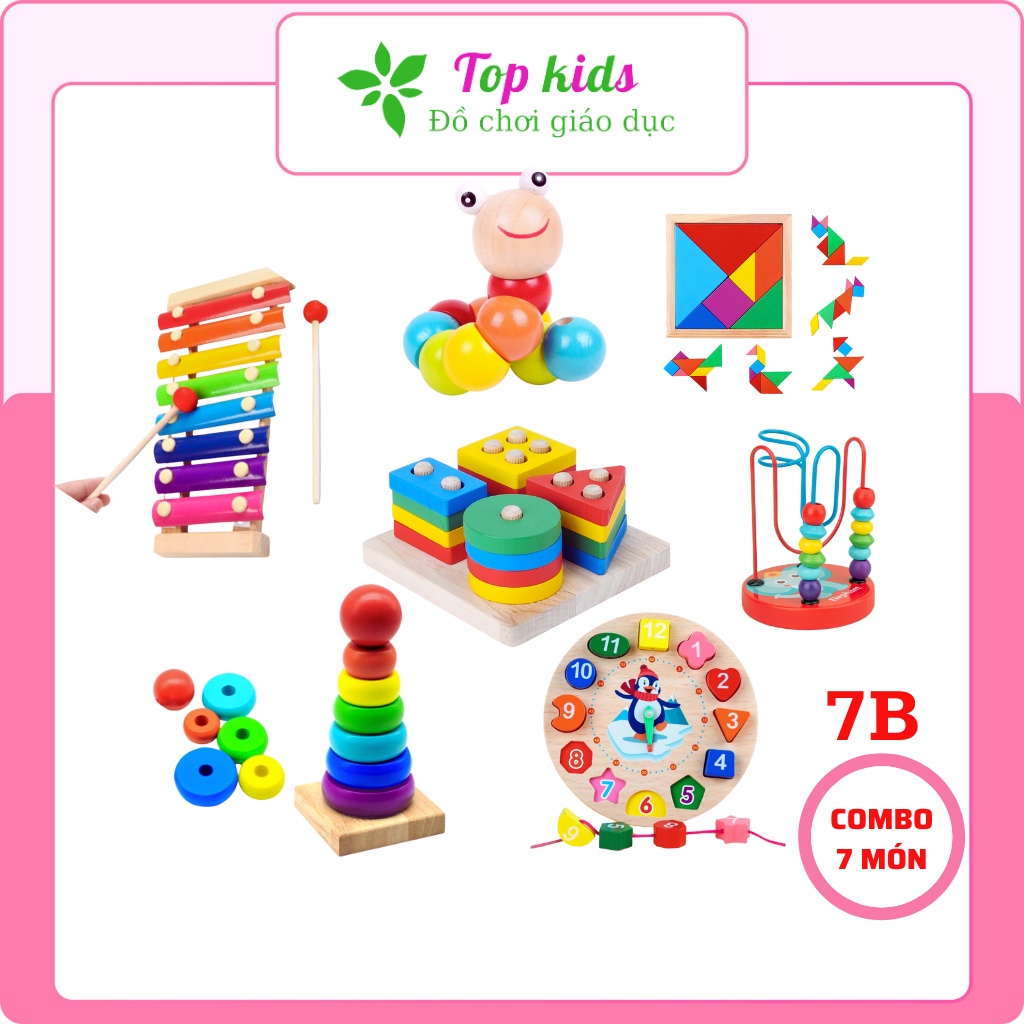 Đồ chơi giáo dục montessori combo 7 món đồ chơi gỗ thông minh phát triển trí tuệ cho bé từ 1 2 3 4 tuổi TOPKIDS