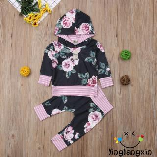 ✿☌☌Newborn Baby Long Sleeve Floral Hooded Sweatshirt + Pants Outfits Set