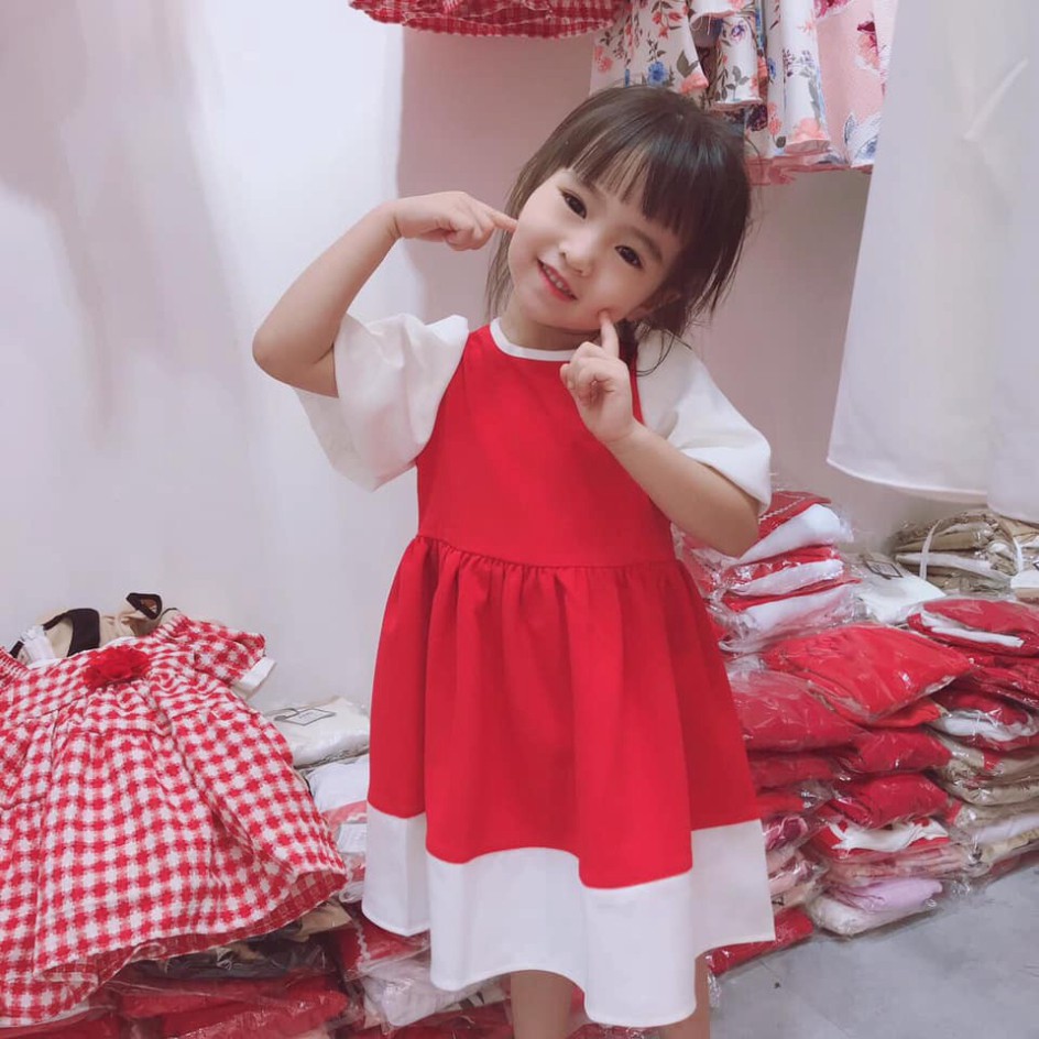 Váy đầm bé gái chất voan phối lụa hàn xịn xò kiểu tay phồng chân váy viền cho bé từ 10kg đến 22kg (màu đỏ, đen)