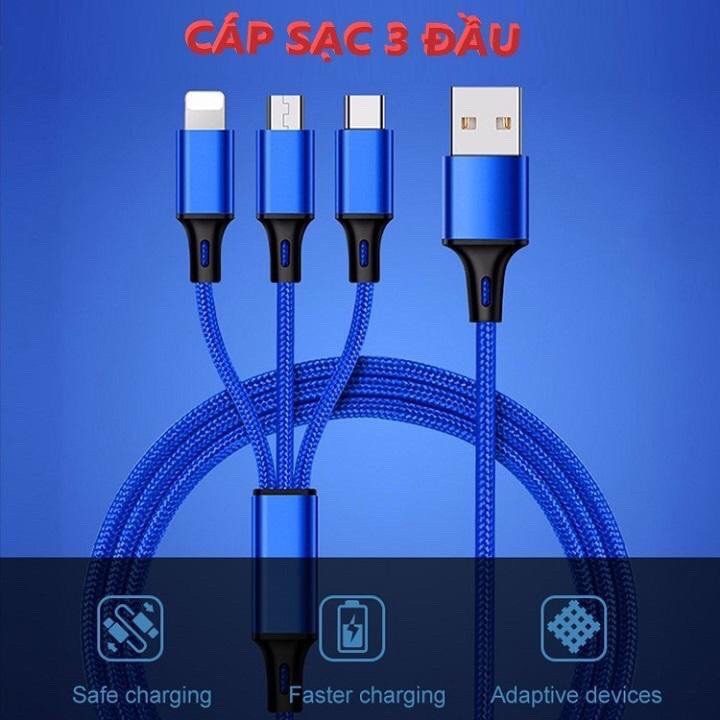 Cáp sạc 3 chân dây dù chính hãng IPHONE, SAMSUNG, OPPO , Sạc 3 điện thoại 1 lúc 3in1 sạc nhanh, bảo h