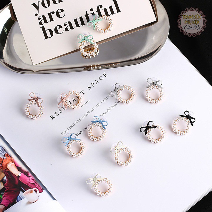 Bông tai vòng tròn hạt châu và nơ nhiều màu, thời trang Hàn cực xinh HT194