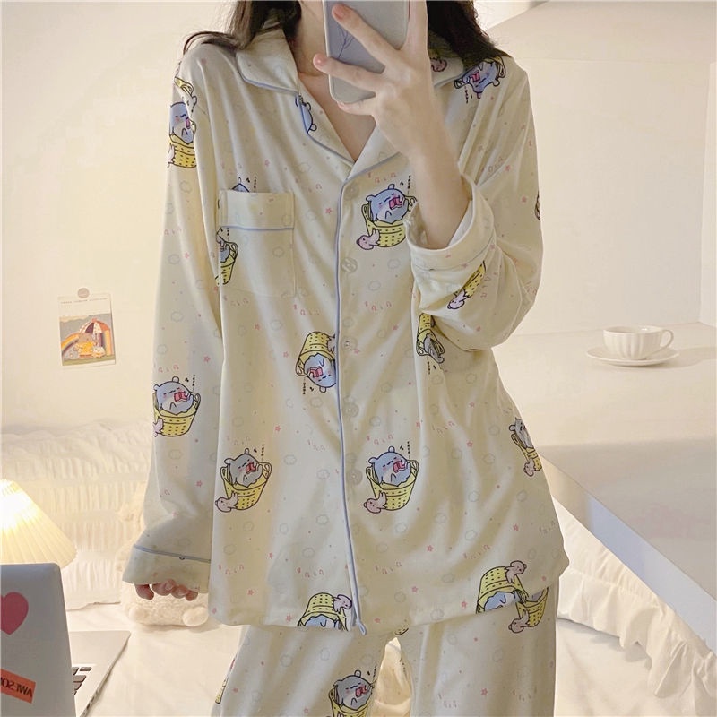 Bộ Đồ Ngủ Tay Dài In Họa Tiết Hoạt Hình Dễ Thương Phong Cách Hàn Quốc Thời Trang Mùa Thu Cho Nữ