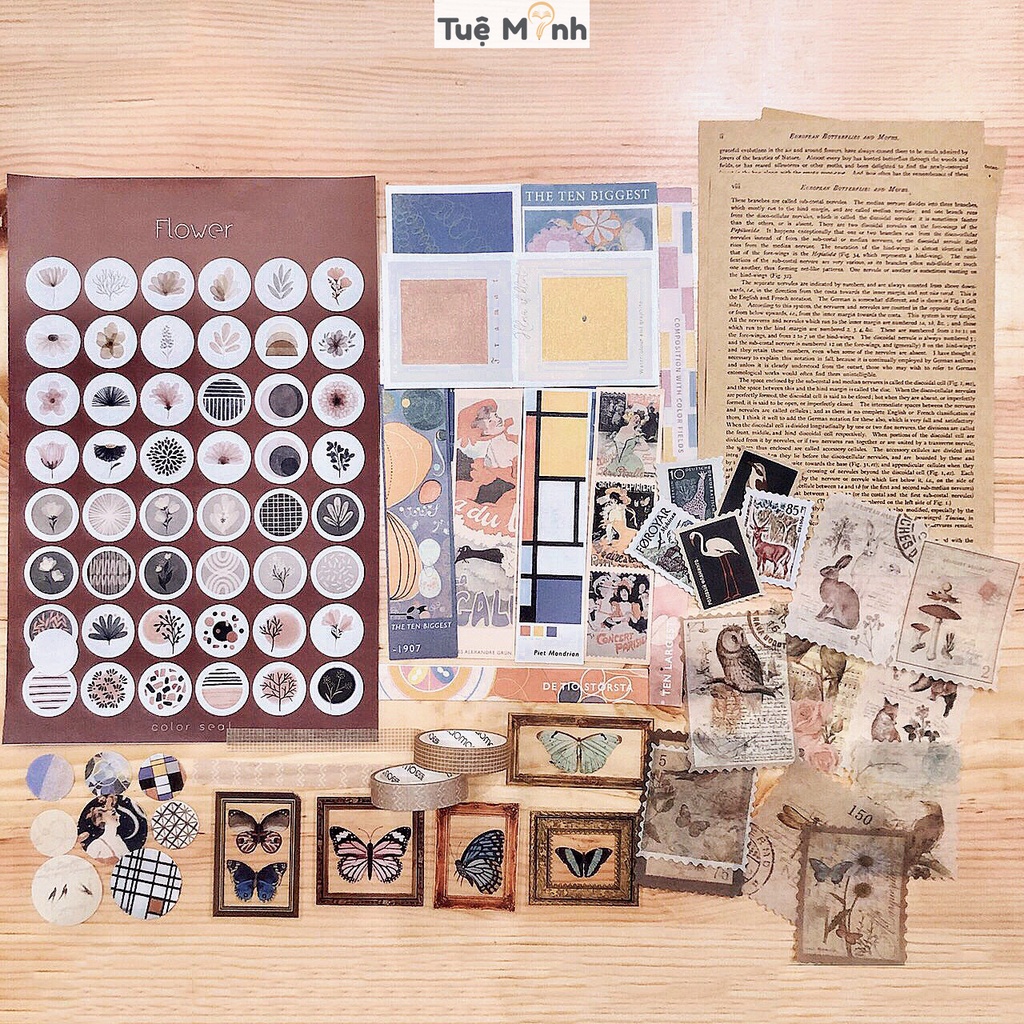 Set full phụ kiện trang trí Bullet journal phong cách Aesthetic Luv109, gồm bộ sticker, washi tape Tuệ Minh