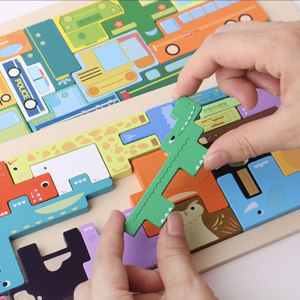 Đồ chơi xếp hình tư duy gỗ 3D, xếp hình montessori ghép khối giao thông và động vật cho bé_ SP14