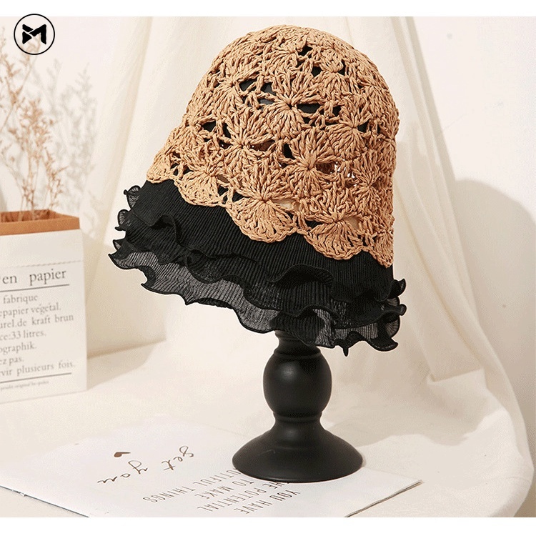 Nón Tai Bèo Đan Cói Phối Ren Thoáng Khí Chống Nắng Thời Trang Xinh Xắn Cho Nữ