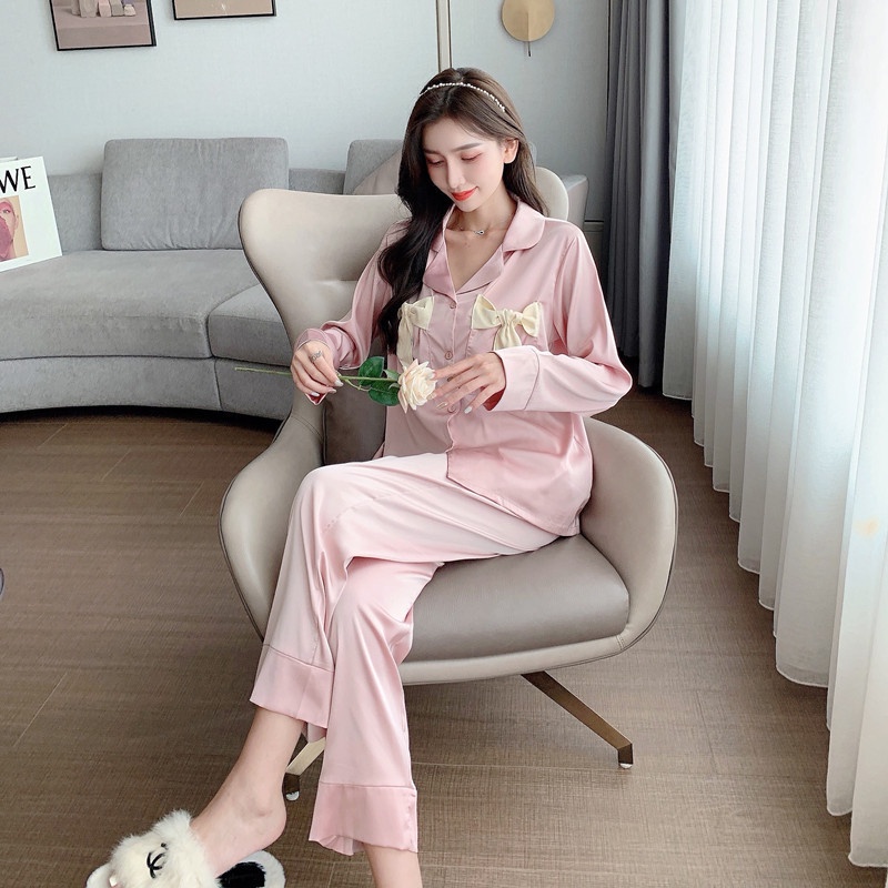 Bộ Đồ Ngủ Tay Dài Chất Lụa Satin Mỏng Thời Trang Hàn Quốc 2022