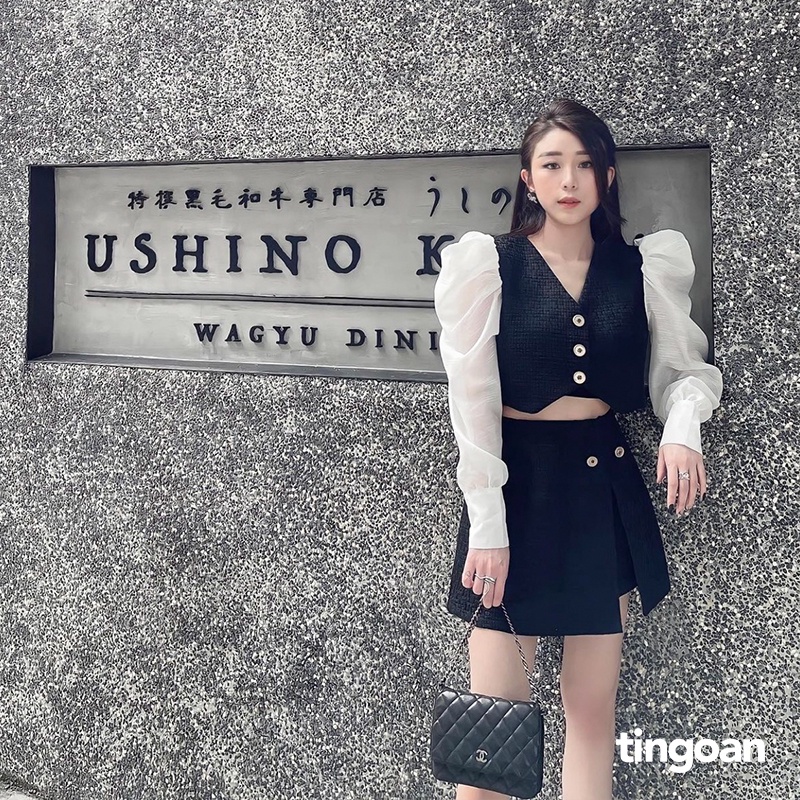 TINGOAN® - Chân váy tweed cạp lưng cao xẻ vạt đen tingoan IN PARIS TWEED SKIRT/BL (có quần trong)