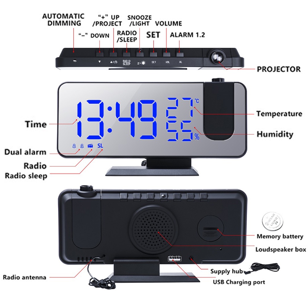 Đồng Hồ Báo Thức Kỹ Thuật Số Đo Nhiệt Độ Và Độ Ẩm Kèm Hướng Dẫn Màu Đen