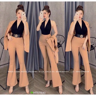 Jumsuit cổ yếm hở lưng kèm áo vest siêu sang