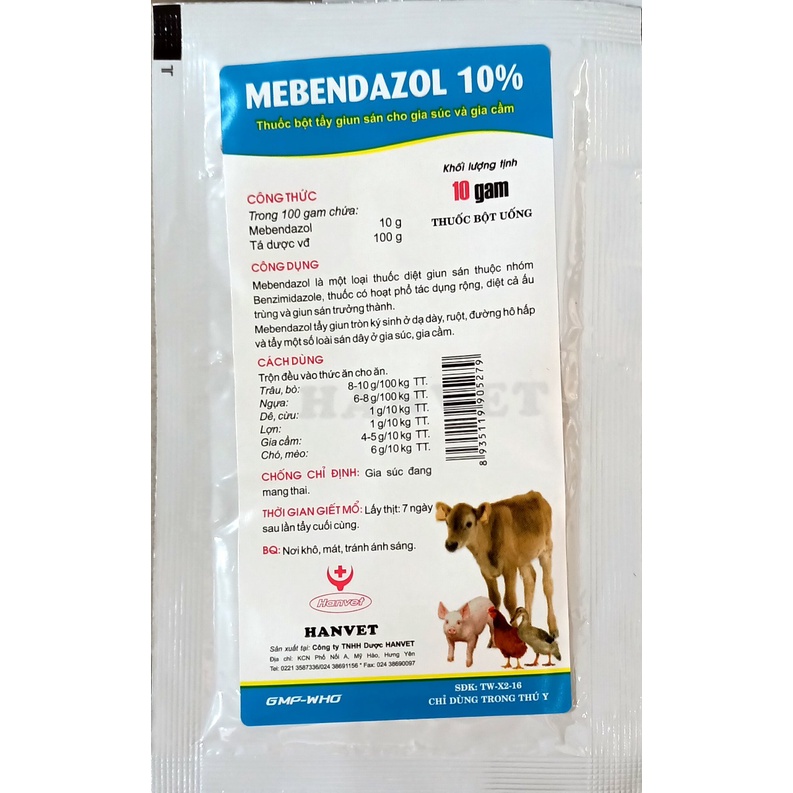 Gói MENBENDAZOL 10%  hanvet sản xuất dùng cho vật nuôi