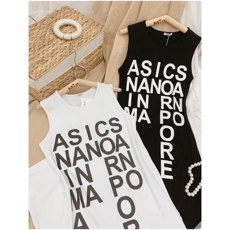 Đầm cotton sát nách Váy ba lỗ dáng dài in chữ dọc thoáng mát hàng VNXK