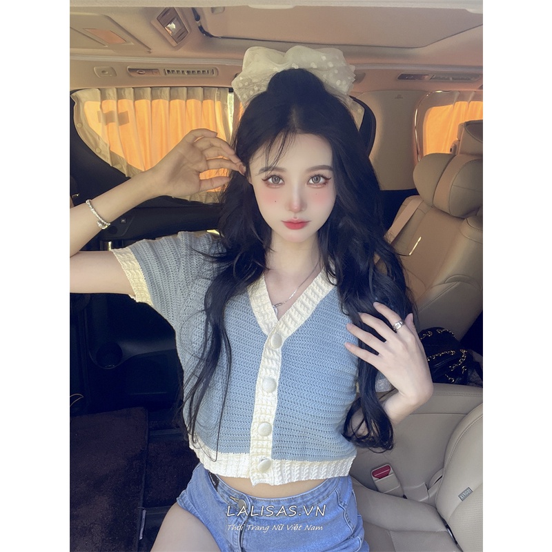 Áo Dệt Kim Ngắn Cổ Chữ V Thời Trang Hàn Quốc Cho Nữ