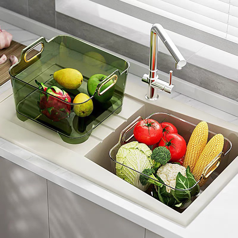 Rổ Nhựa Chữ Nhật, Chậu Rửa Rau Củ, Trái Cây Kèm Van Xả Nước Có Quai Cầm Đa Năng - Family Care