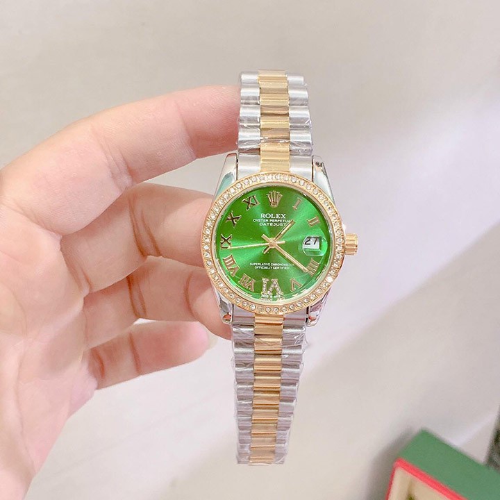 Đồng hồ Rolex nam nữ viền đá, mặt số la mã đính đá, dây đúc hợp kim không gỉ, không phai màu - Bảo hành 12 tháng