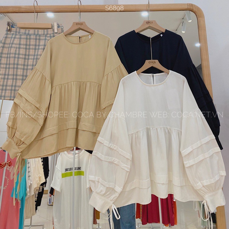 [S6898] Áo sơ mi BABYDOLL tay bồng cột nơ xếp ly tầng (Có sẵn/ảnh thật)