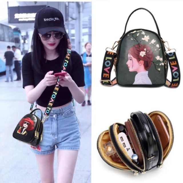 Túi đeo chéo nữ kiểu Hàn Quốc dây chữ love 2- 3 ngăn