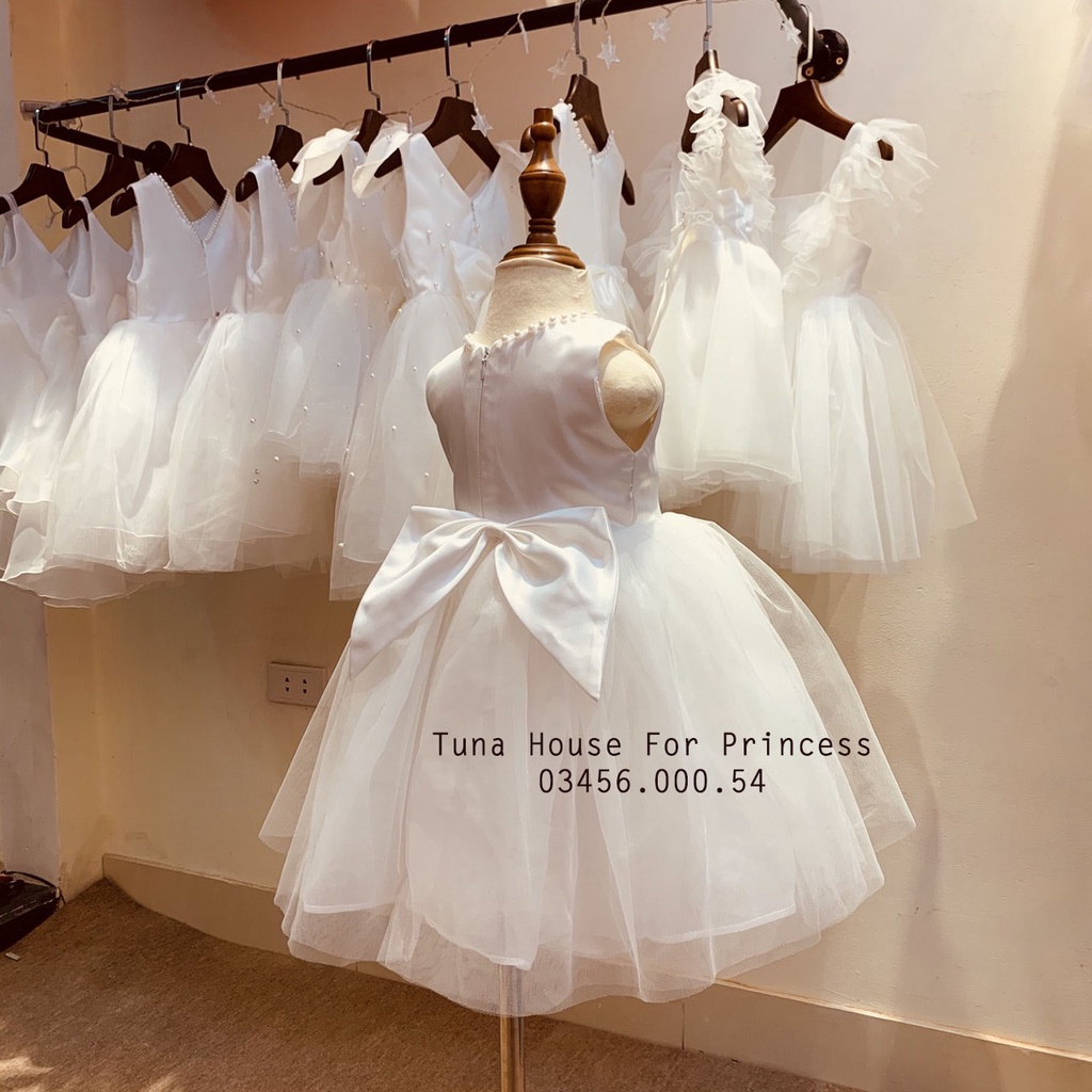 Váy đầm xoè công chúa cho bé gái cổ tròn kết hạt trắng mặc đầy tháng thôi nôi - Tuna House For Princess