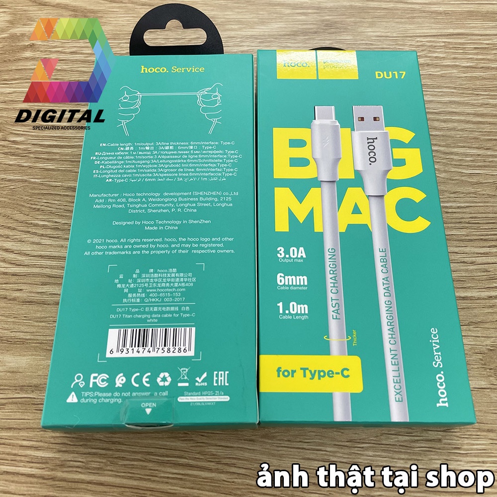 Cáp Sạc Nhanh Cổng Type C Hoco DU17 Chính Hãng Dài 1 Mét