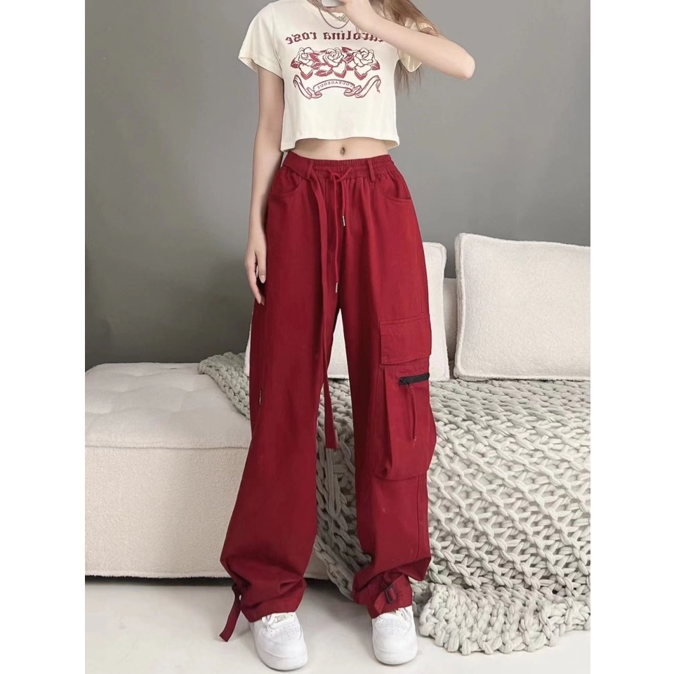 Ethelgirl Quần Dài Lưng Cao Màu Đỏ Phong Cách Đường Phố Mỹ Thời Trang Cho Nữ