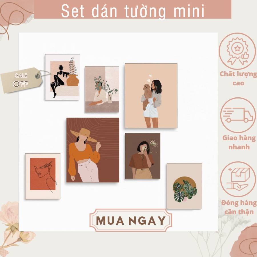 Set 7 tranh dán tường mini TGKA, dày 5mm tranh decor, sticker có sẵn băng keo 2 mặt