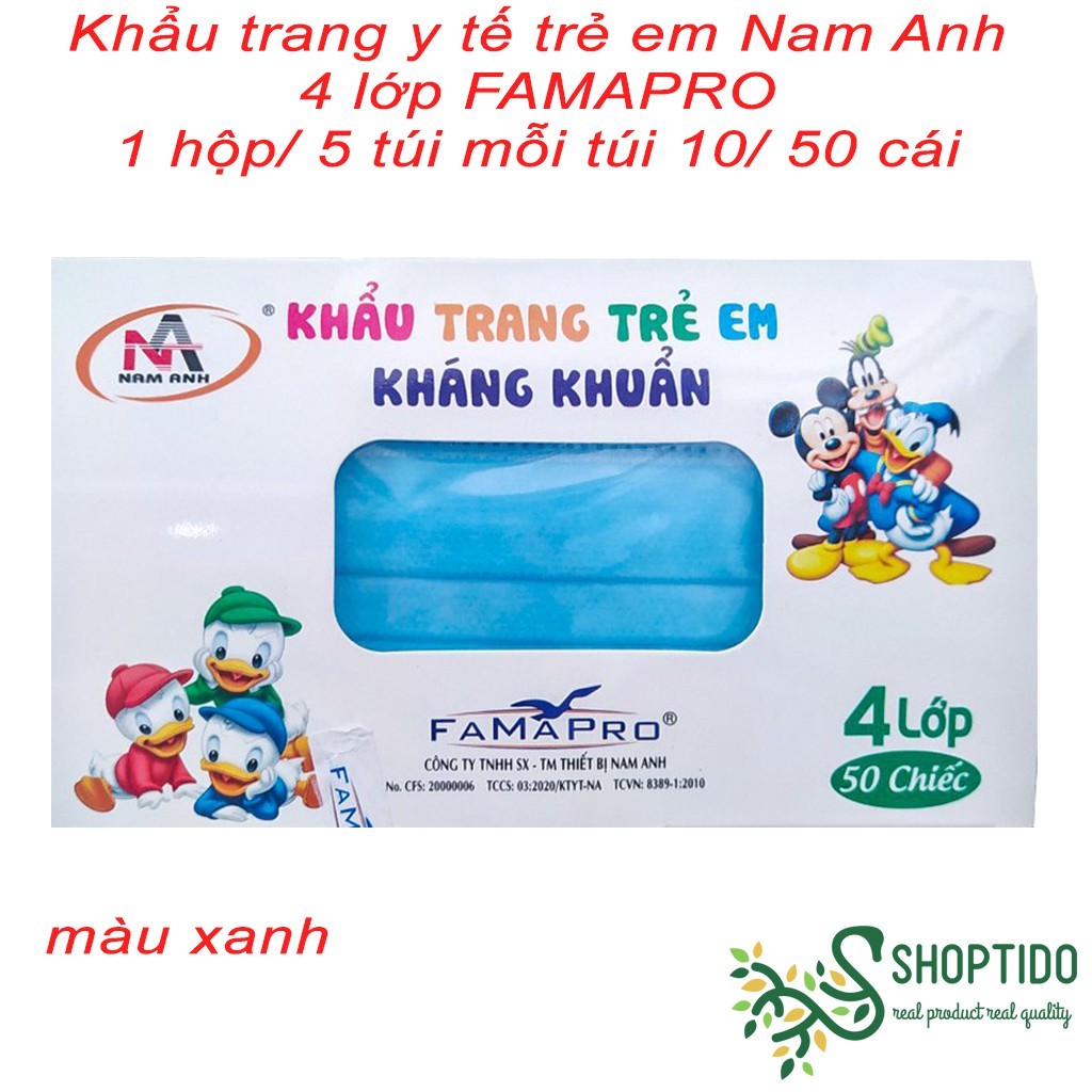 Hộp 50 cái khẩu trang y tế 4 lớp, kháng khuẩn, Nam Anh, Đủ loại Đủ Màu cho Trẻ Em NCC Mr Dũng - lesidung