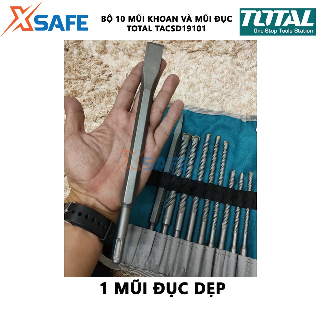 Bộ mũi khoan và mũi đục bê tông 10 chi tiết TOTAL TACSD19101 gồm 8 mũi gài và 2 mũi đục - [XSAFE]