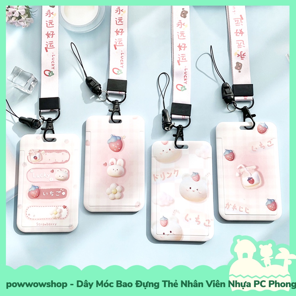 [Sẵn VN - Hỏa Tốc] Dây Móc Bao Đựng Thẻ Nhân Viên Nhựa PC Mẫu Gấu Dâu Kẹo Bông Gòn Bear Srawberry