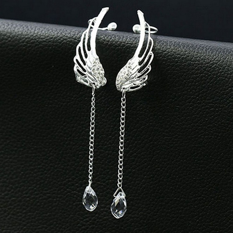 Silver Angel Wing Stylist Crystal Earrings Drop Dangle Ear Stud for Women