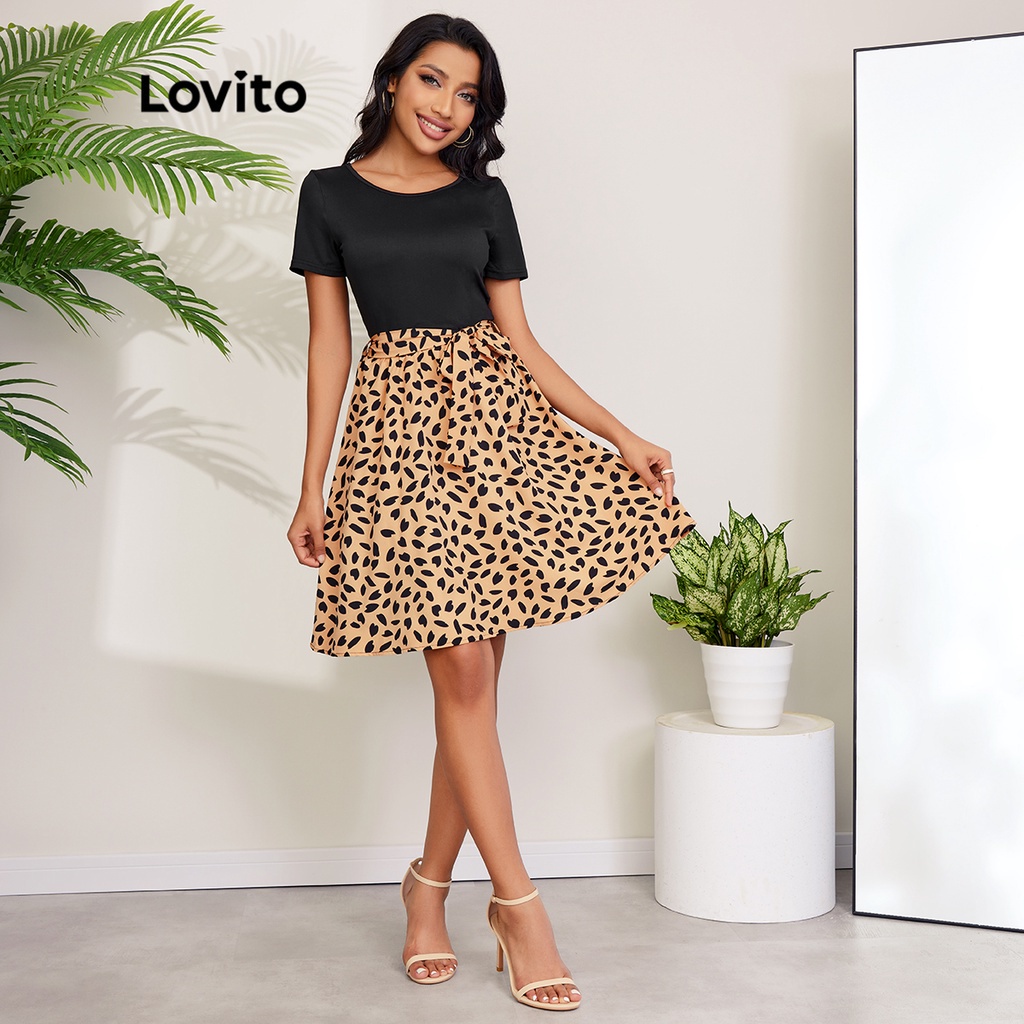 Đầm chữ A Lovito thiết kế tay ngắn may khâu thắt nút họa tiết da báo L27LD053 (nhiều màu sắc)