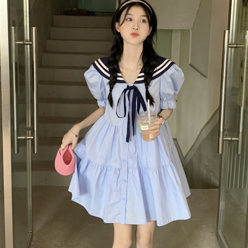 Đầm Chữ A Tay Ngắn Cổ Thủy Thủ Phong Cách Preppy Mẫu Mới 2022