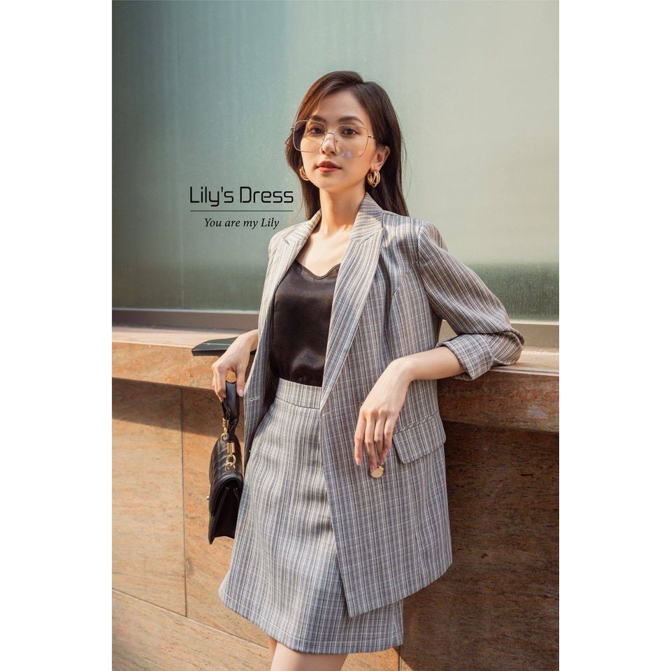 Set Blazer Caro + Chân Váy Caro ô xám by Lilie | BigBuy360 - bigbuy360.vn