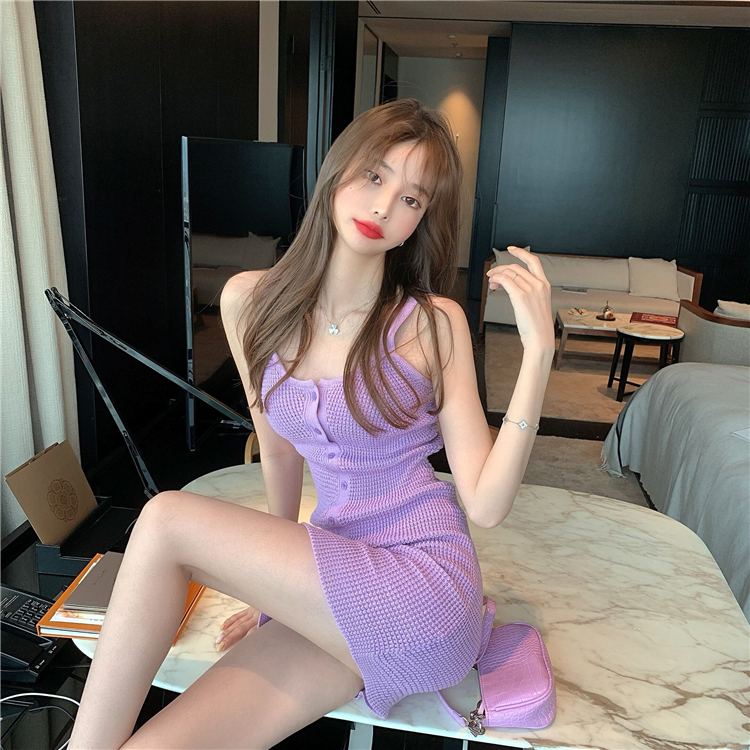 SUXI Đầm dệt kim màu tím phong cách retro xinh xắn thời trang dành cho nữ