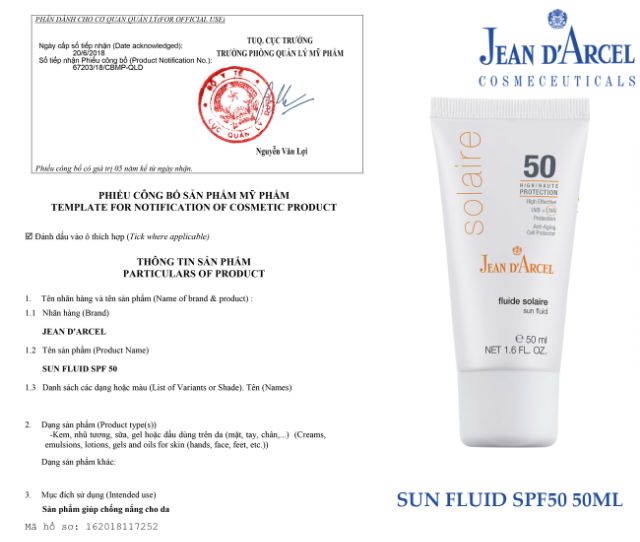 SỮA DƯỠNG CHỐNG NẮNG JEAN D'ARCEL SUN FLUID SPF50 50ml