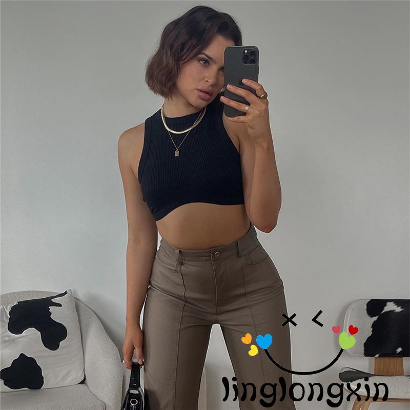 Áo Croptop Không Tay Cổ Tròn Màu Trơn Thời Trang Mùa Hè Dành Cho Nữ Linglongxi2
