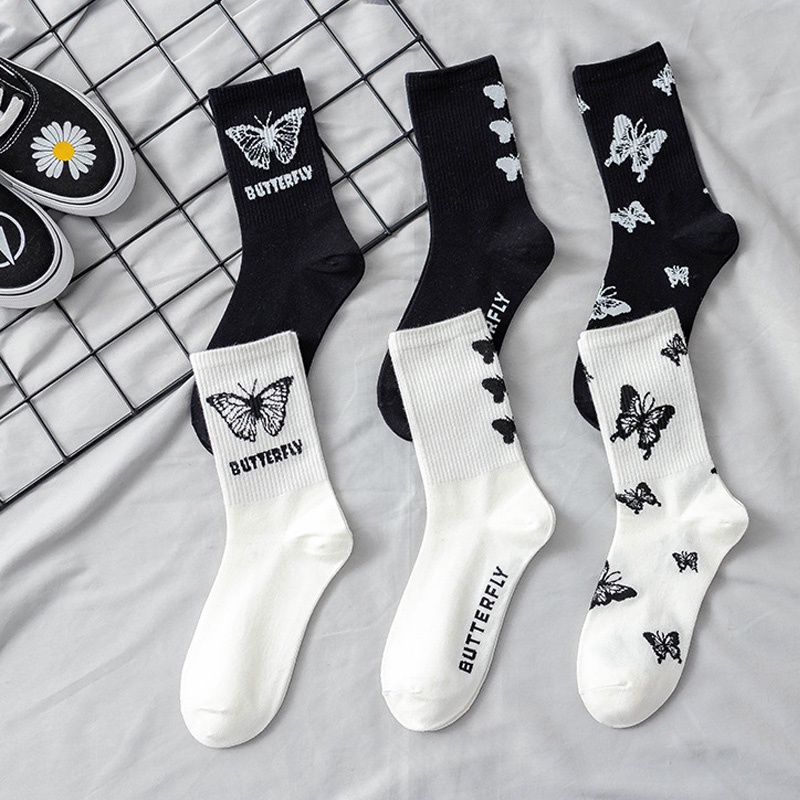 Tất vớ cổ cao nữ nam trắng đen phong cách Hàn Quốc thể thao basic hình bướm nhỏ dễ thương chất dày thấm hút HANASO TD058
