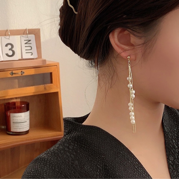 Đôi Khuyên Tai Mạ Bạc 925 Dây Dài Đính Ngọc Trai Sang Trọng Cho Nữ