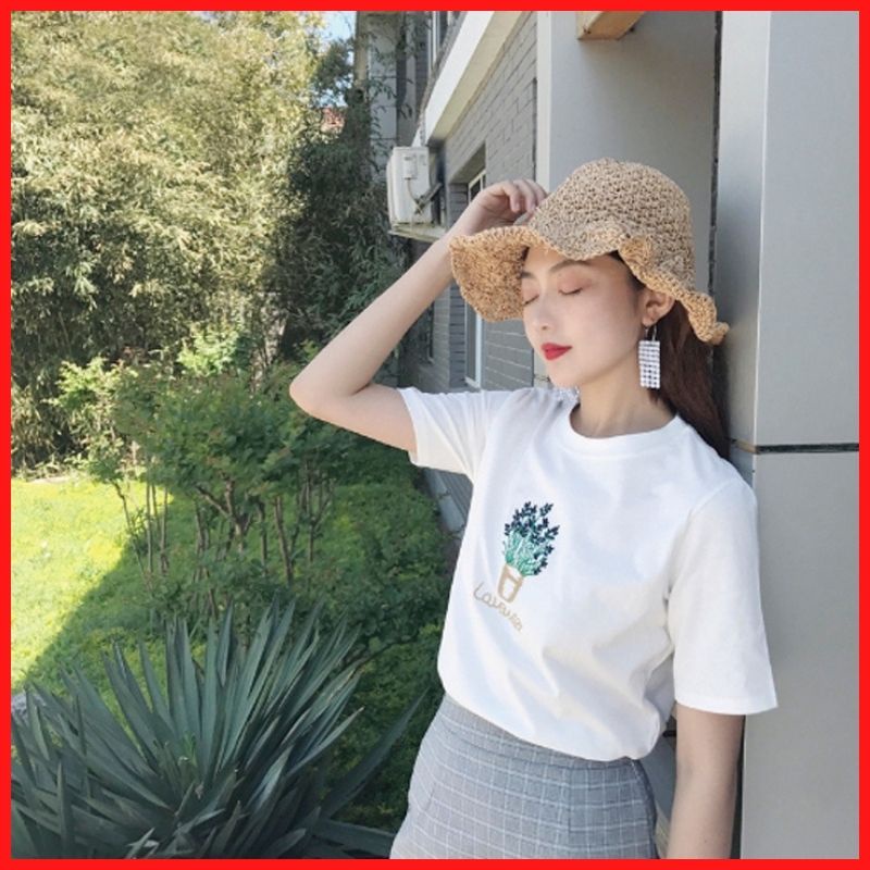 Follow Shop Săn Deal Hot Ngày 11/11 Áo Thun Nữ Tay Lỡ Unisex Màu Trắng In Họa Tiết Chậu Bông Hoa