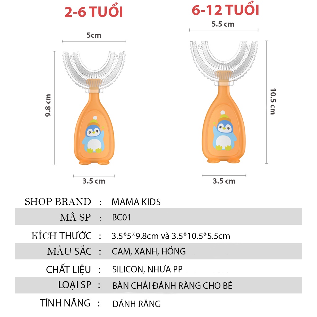 Bàn chải đánh răng cho bé chữ u chất liệu silicon xoay 360 độ phù hợp cho bé từ 2 tuổi -12 tuổi BC01