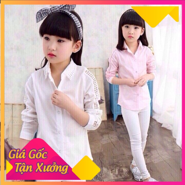 Áo sơ mi bé gái dài tay 4-12 tuổi phối ren cổ và tay áo, Sơ mi cho bé chất liệu vải thô cao cấp kiểu dáng thời trang
