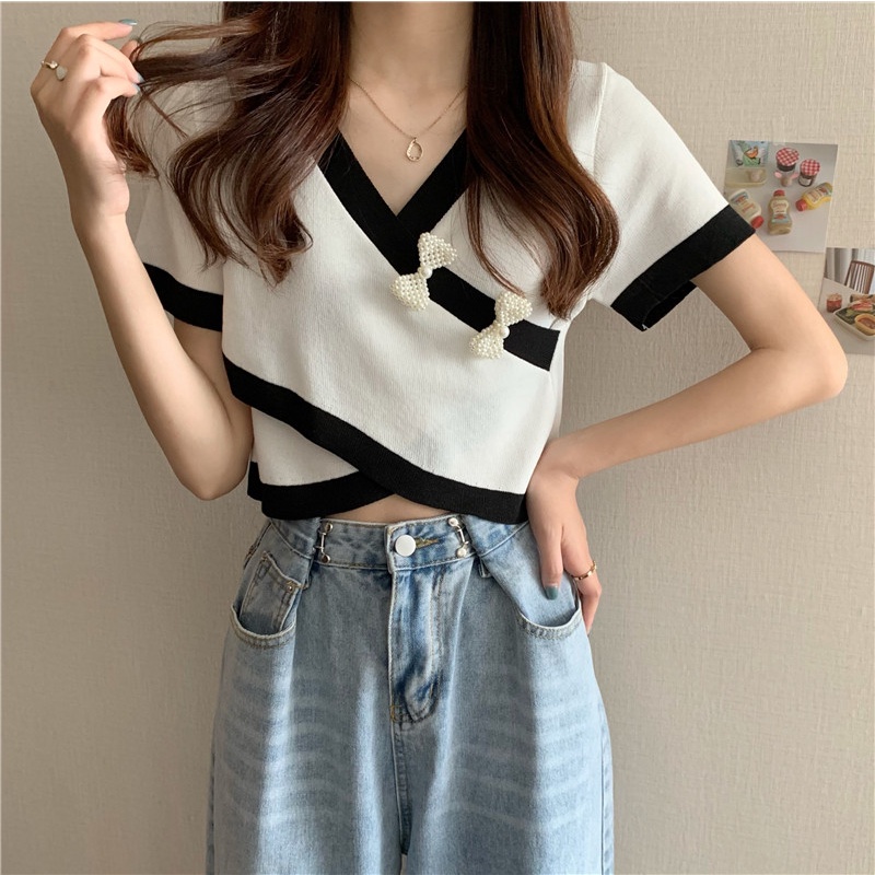 Áo dệt kim cổ chữ V phối nơ màu sắc tương phản thời trang mùa hè phong cách Hàn Quốc