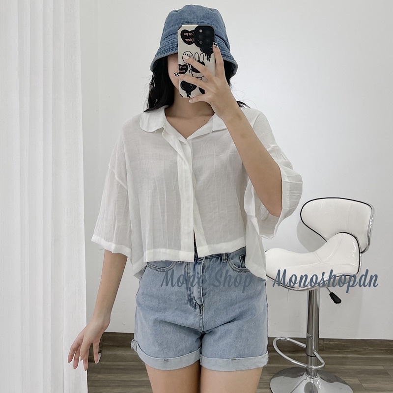 Áo sơ mi croptop linen cổ bẻ dáng dơi Ảnh thật/ sẵn