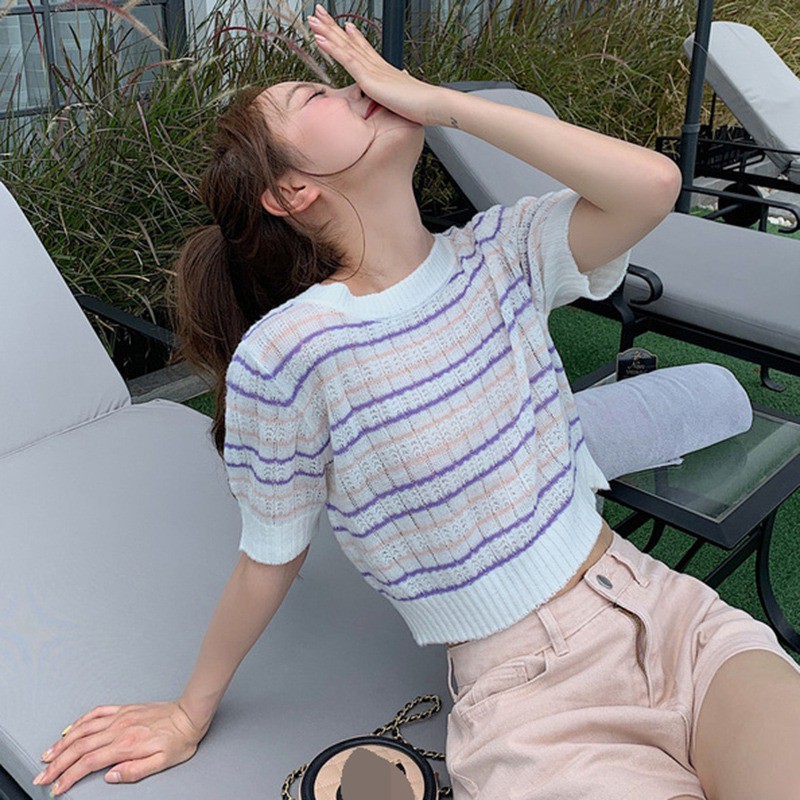  Áo croptop dệt kim ngắn tay họa tiết kẻ sọc cho nữ | BigBuy360 - bigbuy360.vn