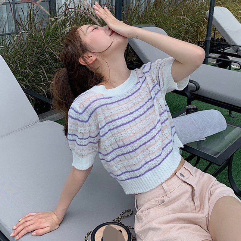 Áo croptop dệt kim ngắn tay họa tiết kẻ sọc cho nữ