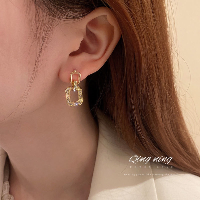 Khuyên tai bạc 925 thiết kế hình học đơn giản phong cách Hàn Quốc