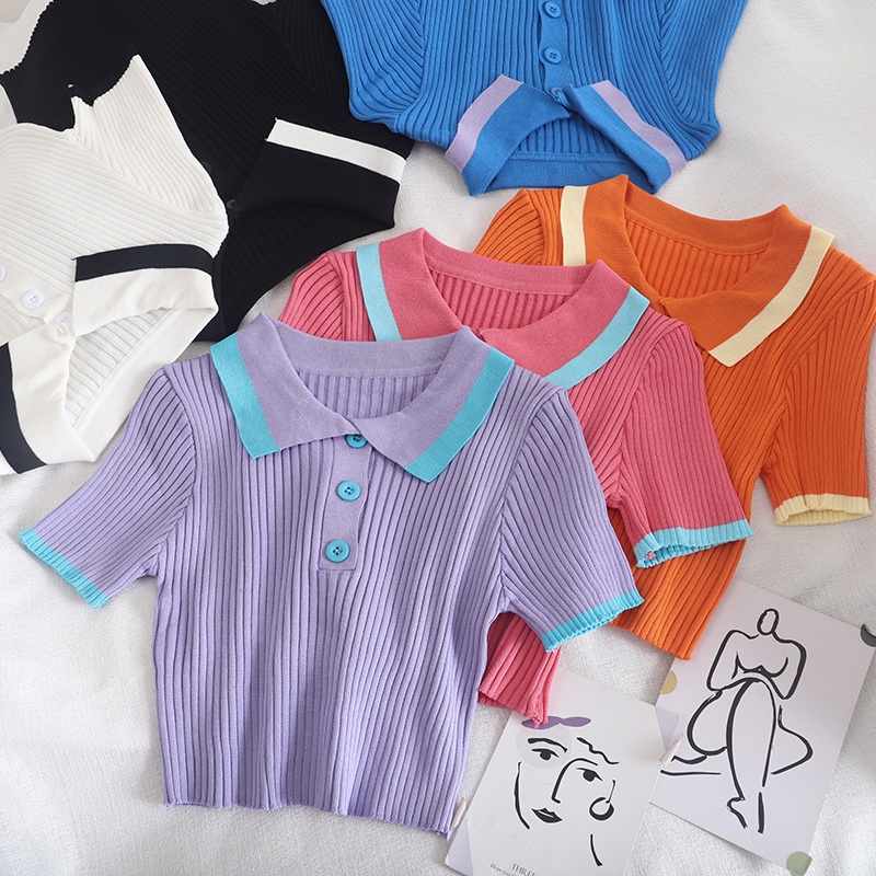 Áo croptop dệt kim tay ngắn cổ polo dễ phối đồ thời trang cho nữ