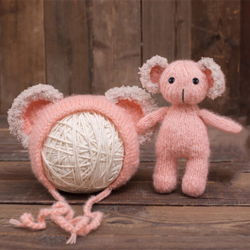 Bộ 2 Mũ Beanie Kèm Gấu Koala Nhồi Bông Dệt Kim Dùng Làm Phụ Kiện Chụp Ảnh Cho Bé Sơ Sinh